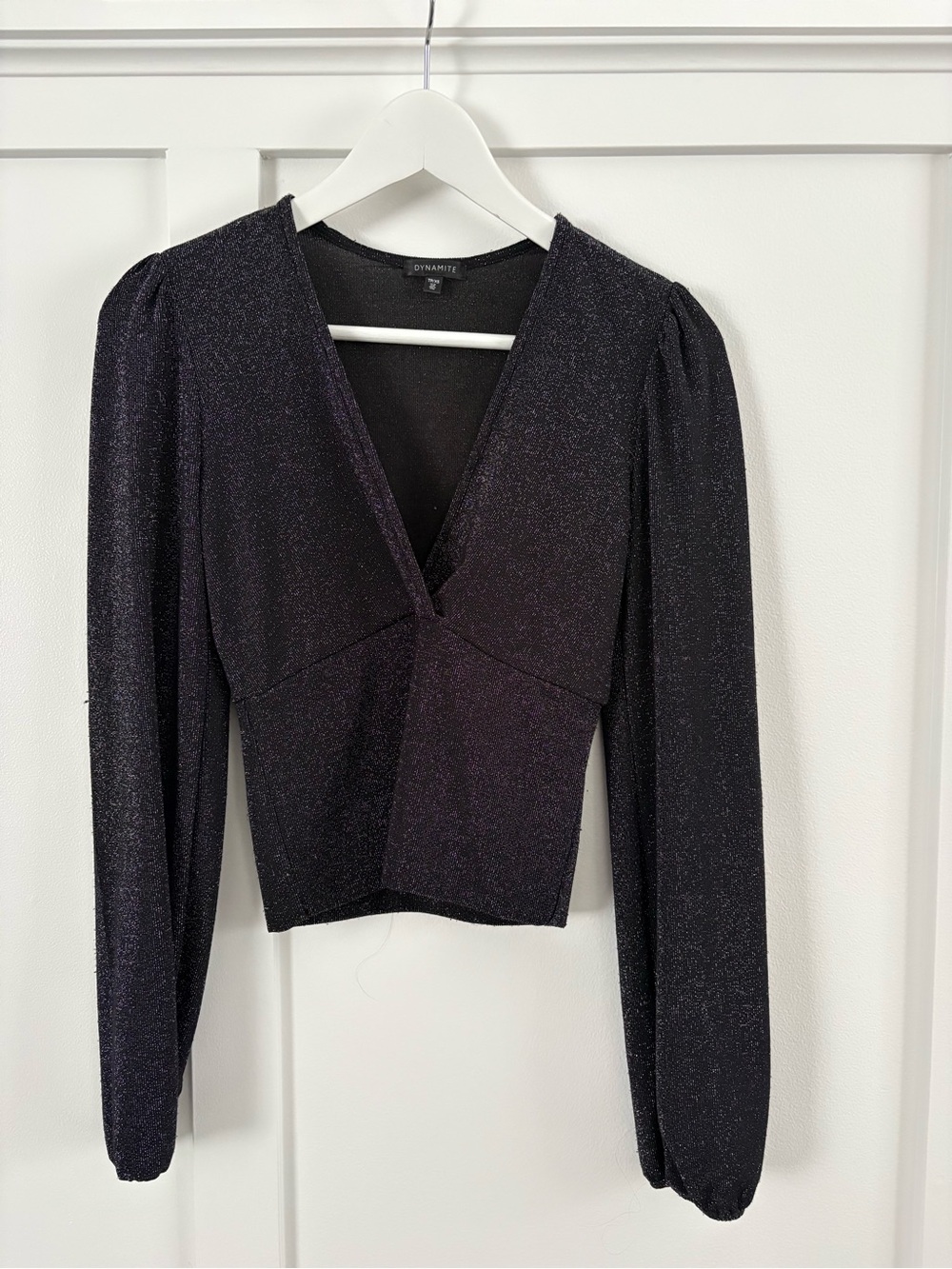 Dynamite Black Metallic V-Neck Long Sleeve Top - Shimmer